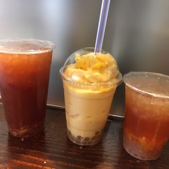 Guiltea Cravings - Large Guiltea fruit tea, passionate mango blend with white boba, guiltea peach blast with white boba - Coffee & Tea Near Me - San Diego, California