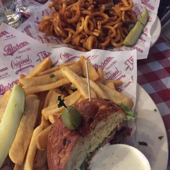 Heroes - Split Old Bleu Burger with Steak Fries and Curly Fries ($15) - American Near Me - Riverside, California