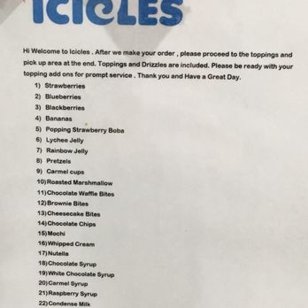 ICICLES - Toppings list - Ice Cream & Frozen Yogurt Near Me - San Mateo, California ICICLES - Toppings list - Ice Cream & Frozen Yogurt Near Me - San Mateo, California