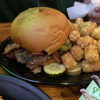Hopper's Bar & Grill - Bacon cheese burger with green olives and side of tots! - Bars Near Me - Waconia, Minnesota