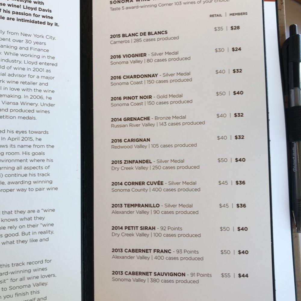 Corner 103 - List of wines to taste and for sale at Corner 103 in Sonoma. - Wineries Near Me - Sonoma, California