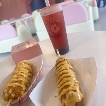 Totoro - Potato Dog, Totoro Dog, Red Velvet donut, and Strawberry fruit tea with boba - Coffee & Tea Near Me - Humble, Texas Totoro - Potato Dog, Totoro Dog, Red Velvet donut, and Strawberry fruit tea with boba - Coffee & Tea Near Me - Humble, Texas