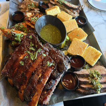 Oak & Ember - BBQ tray ( Ribs, Tri-Tip, Carne Asada, BBQ Chicken, Brisket, and Corn Bread) - Halal Near Me - Ontario, California