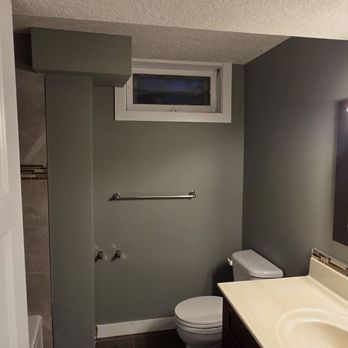 Victoria James Painting Co. - Updated the basement bathroom from pale dill green to Vintage Pewter to bring a fresh look to an outdated space - Painters Near Me - Calgary, Alberta Victoria James Painting Co. - Updated the basement bathroom from pale dill green to Vintage Pewter to bring a fresh look to an outdated space - Painters Near Me - Calgary, Alberta
