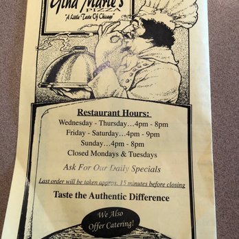 Gina Marie's - Sept 2018 - Back of Menu - Pizza Near Me - Knox, Indiana Gina Marie's - Sept 2018 - Back of Menu - Pizza Near Me - Knox, Indiana