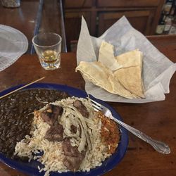 The Middle East - Beef shawarma with rice and beans.