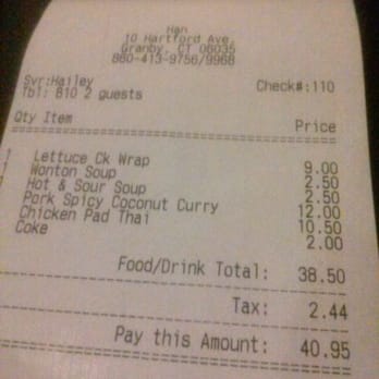 Han Asian Cuisine - Our dinner tab - Sushi Bars Near Me - Granby, Connecticut