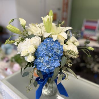 Bloom Haven Floral - White a blue floral arrangement - Florists Near Me - Apple Valley, California Bloom Haven Floral - White a blue floral arrangement - Florists Near Me - Apple Valley, California