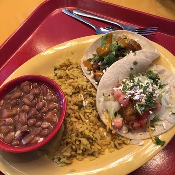 Fuzzy's Taco Shop - Taco plate (fish tempura taco, California heat taco, borracho beans & Mexican rice) - Mexican Near Me - Aurora, Colorado