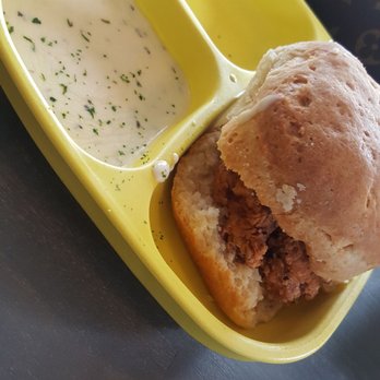 Dish Society - Kids chicken biscuit and gravy. I didn't like the gravy.  Where's the sausage in the gravy... - Breakfast & Brunch Near Me - Houston, Texas