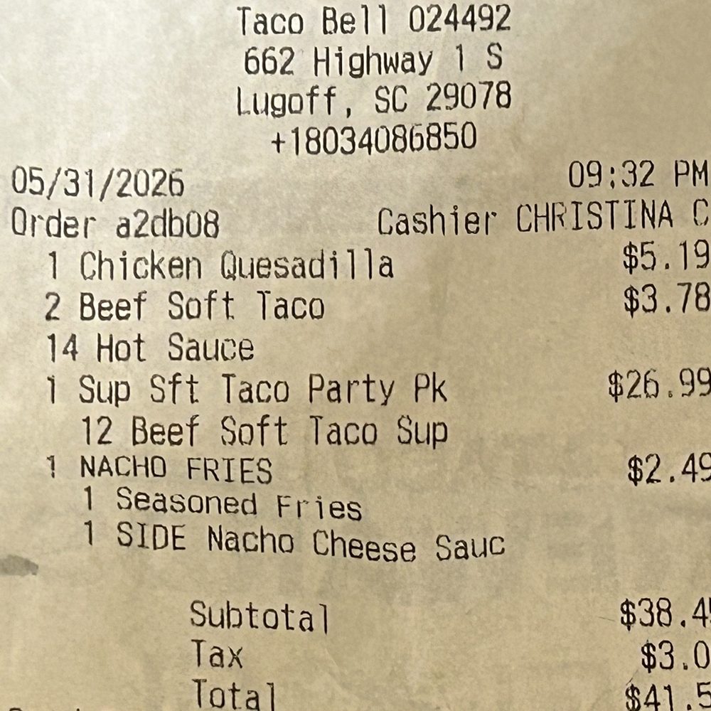 Taco Bell - This is the receipt where they charge me for the supreme tacos, but only gave me the regular - Fast Food Near Me - Lugoff, South Carolina Taco Bell - This is the receipt where they charge me for the supreme tacos, but only gave me the regular - Fast Food Near Me - Lugoff, South Carolina
