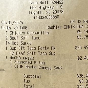 Taco Bell - This is the receipt where they charge me for the supreme tacos, but only gave me the regular - Fast Food Near Me - Lugoff, South Carolina