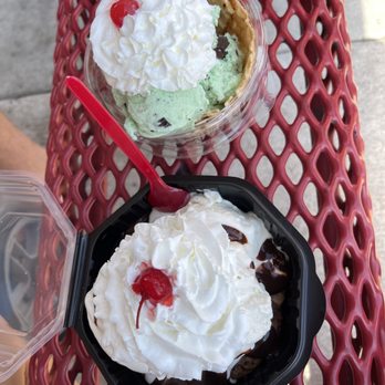Bruster's Real Ice Cream - Hot Cookie Sundae & Mint n' chip in a waffle bowl w/ whip cream & strawberry. - Ice Cream & Frozen Yogurt Near Me - Cypress, California Bruster's Real Ice Cream - Hot Cookie Sundae & Mint n' chip in a waffle bowl w/ whip cream & strawberry. - Ice Cream & Frozen Yogurt Near Me - Cypress, California