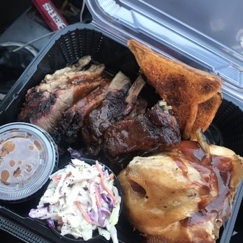 Double Barrel BBQ - Three meat plate; chicken, ribs, brisket, beans and coleslaw. - Barbeque Near Me - Sedro-Woolley, Washington