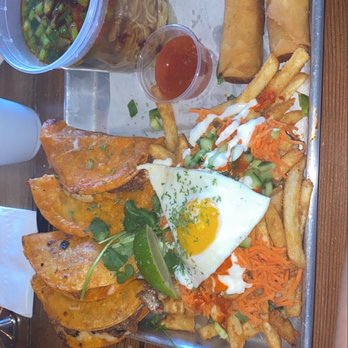 Cris and John - Angry Pho and Birria taco platter... came with the Korean Fries and two veggie Spring Roll. - Vietnamese Near Me - Dallas, Texas