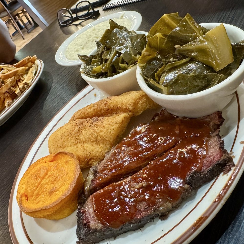 Mountain West Eatery - Brisket & 1/2 Crispy Fish with Collards - American Near Me - Las Vegas, Nevada Mountain West Eatery - Brisket & 1/2 Crispy Fish with Collards - American Near Me - Las Vegas, Nevada