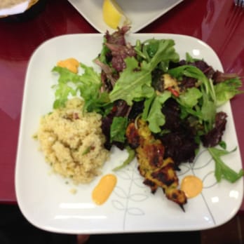 Zebda - Cous Cous salad w/ chicken kabab, grilled veggies, apricot, toasted almonds & a Harissa vinegarette. Delicious!!! - Mediterranean Near Me - Chicago, Illinois