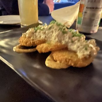 Timothy's - Special appetizer today was fried green tomatoes topped with shrimp salad. Terrible photo but delicious dish. - Breakfast & Brunch Near Me - St Louis, Missouri