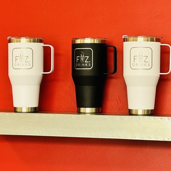 FiiZ Drinks - three coffee mugs on a shelf - Juice Bars & Smoothies Near Me - Lindon, Utah