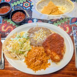 Amigo’s - Chile Relleno and shrimp soft taco with rice n beans, oh so good
