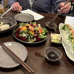 Four Leaf Roll, beet salad and agedashi Age Dashi Tofu Four Leaf Roll, beet salad and agedashi Age Dashi Tofu