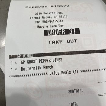 Popeyes Louisiana Kitchen - a receipt for order 31 take out - Fast Food Near Me - Forest Grove, Oregon
