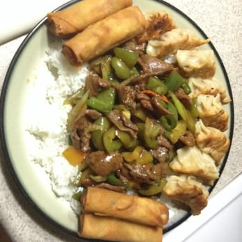 New Golden China - Peppered Beef with no Onions, White Rice, Egg Rolls, and Dumplings. - Chinese Near Me - Apache Junction, Arizona New Golden China - Peppered Beef with no Onions, White Rice, Egg Rolls, and Dumplings. - Chinese Near Me - Apache Junction, Arizona