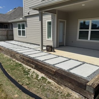 Armstrong Landscape and Irrigation - Concrete paver patio with railroad tie retaining wall - Lawn Services Near Me Armstrong Landscape and Irrigation - Concrete paver patio with railroad tie retaining wall - Lawn Services Near Me