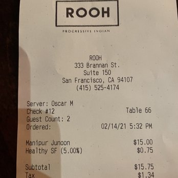 ROOH - Drink receipt - Indian Near Me - San Francisco, California ROOH - Drink receipt - Indian Near Me - San Francisco, California
