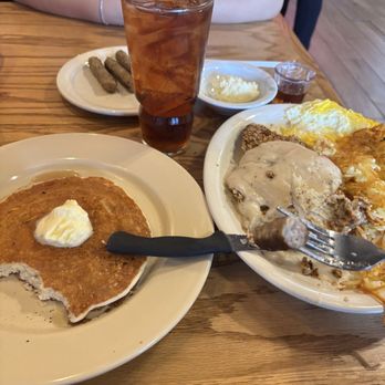 Maggie's Sunrise Cafe - Pancake, extra butter, 4 sausage links, fried chicken fried with gravy, hashbrowns, eggs, and raspberry brisk tea - Coffee & Tea Near Me - Bakersfield, California Maggie's Sunrise Cafe - Pancake, extra butter, 4 sausage links, fried chicken fried with gravy, hashbrowns, eggs, and raspberry brisk tea - Coffee & Tea Near Me - Bakersfield, California