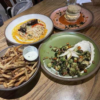 Chestnut - truffle fries, maitake mushroom lo mein, maple brussels, fried green tomatoes - New American Near Me - Asheville, North Carolina