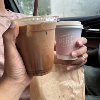 PERC Coffee - Iced mocha latte made with Condor Chocolate, hot Americano, and a chocolate croissant from Auspicious Bakery - Coffee & Tea Near Me - Savannah, Georgia