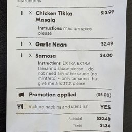 receipt showing my request for extra tamarind sauce and no mint sauce