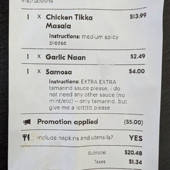 Sohna Punjab - receipt showing my request for extra tamarind sauce and no mint sauce - Indian Near Me - Richmond Hill, New York