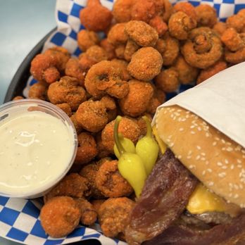 Mega Burgers - Bacon avocado cheeseburger with fried mushrooms - Burgers Near Me - Yucaipa, California