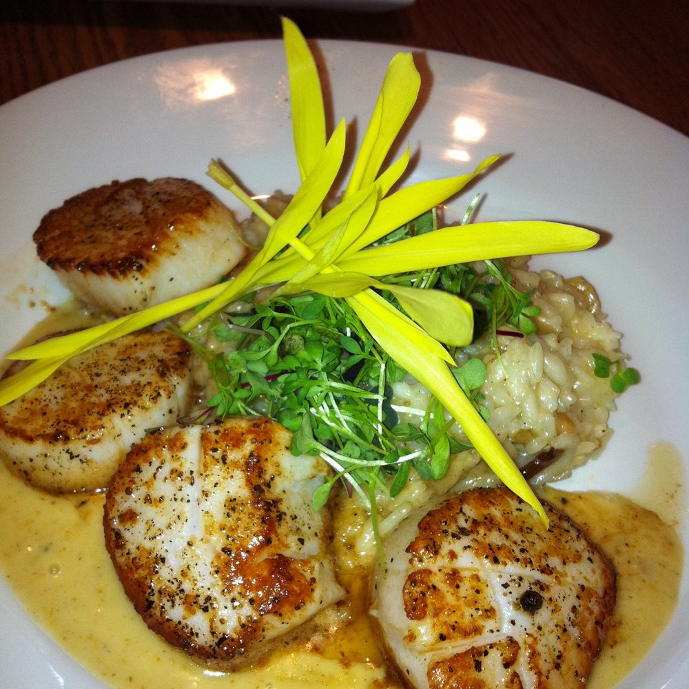 Cibo e Beve - Butter Poached Scallops with confit shallot risotto, white chocolate fennel veloute, popcorn shoots - Italian Near Me - Atlanta, Georgia Cibo e Beve - Butter Poached Scallops with confit shallot risotto, white chocolate fennel veloute, popcorn shoots - Italian Near Me - Atlanta, Georgia