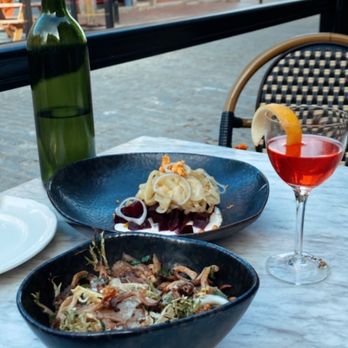 Via Vecchia - Patio seating with an old pal, mushroom salad and beet salad - Italian Near Me - Portland, Maine