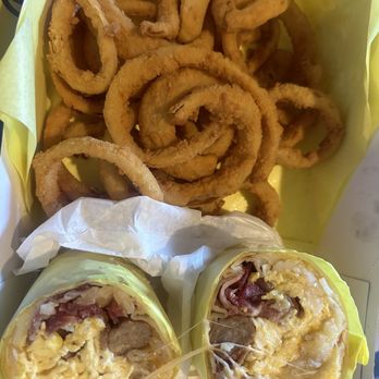 Lucky Boy - A small order of onion rings and a beacon and sausage breakfast burrito - Fast Food Near Me - Pasadena, California
