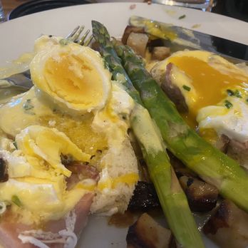 Chet's Bar and Grill - Eggs Benedict - Cold potato , soggy muffin with hard asparagus ... nothing good to say about this plate - American Near Me - Big Sky, Montana Chet's Bar and Grill - Eggs Benedict - Cold potato , soggy muffin with hard asparagus ... nothing good to say about this plate - American Near Me - Big Sky, Montana