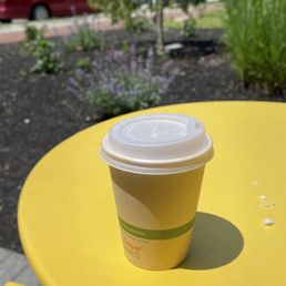 a cup of coffee on a yellow table