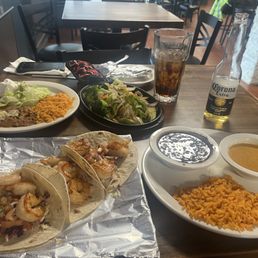 Shrimp tacos and Veggie Fajitas
