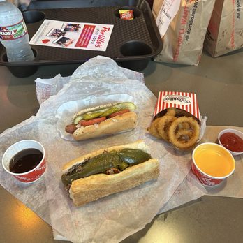 Portillo's - Kennesaw - Chicago dog, small onion rings, and beef sandwich with sweet and hot peppers non dipped with gravy on side - Hot Dogs Near Me - Kennesaw, Georgia