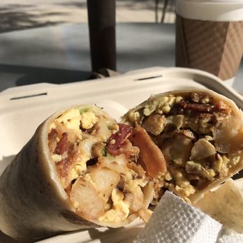 Higher Grounds Coffee Cafe - Breakfast Burrito with bacon and a cup of coffee. - Cafes Near Me - San Diego, California Higher Grounds Coffee Cafe - Breakfast Burrito with bacon and a cup of coffee. - Cafes Near Me - San Diego, California