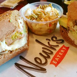 Turkey avocado sandwich with pasta salad.