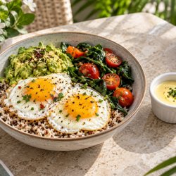 La Vie Belle - Rice and quinoa with eggs, avocado, spinach, cherry tomatoes and hollandaise sauce, served on the side.