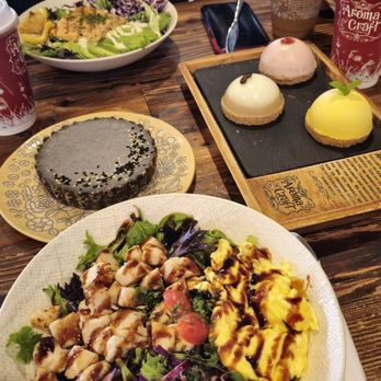 Aroma Craft Coffee - Chicken bowl, Aroma Trio, black sesame tart, and Salmon bowl. - Coffee Roasteries Near Me - Walnut, California Aroma Craft Coffee - Chicken bowl, Aroma Trio, black sesame tart, and Salmon bowl. - Coffee Roasteries Near Me - Walnut, California