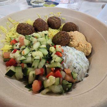 Urban Olive - Falafel platter with rice, tzatziki, hummus, and cucumber salad - Middle Eastern Near Me - O'Hare, Illinois