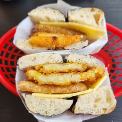 The Bagelry - Vegan sausage, cheese & hash brown on poppy seed bagel. Delicious