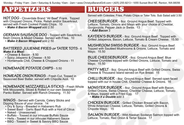 Menu photo 2 Christy's Bar & Grill Renton, WA Menu photo 2 Christy's Bar & Grill Renton, WA