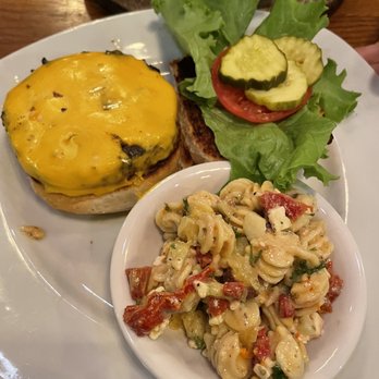 The Gate House - Cheeseburger with Greek pasta salad - Burgers Near Me - Rochester, New York The Gate House - Cheeseburger with Greek pasta salad - Burgers Near Me - Rochester, New York